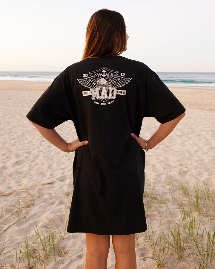 Womens Oversized Tee Dress | Eagle Has Landed, Vintage Black, XS | The Mad Hueys Womens Oversized Tee Dress | Eagle Has Landed, Vintage Black, XS | The Mad Hueys