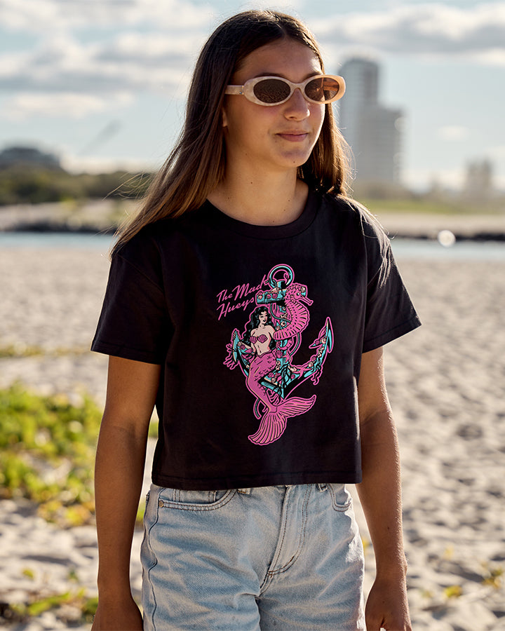 SEAHORSE ANCHOR | YOUTH GIRLS BOXY SS TEE - BLACK