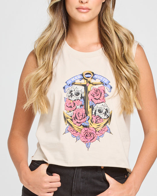 SKULLS AND ROSES | WOMENS CROP MUSCLE - STONE