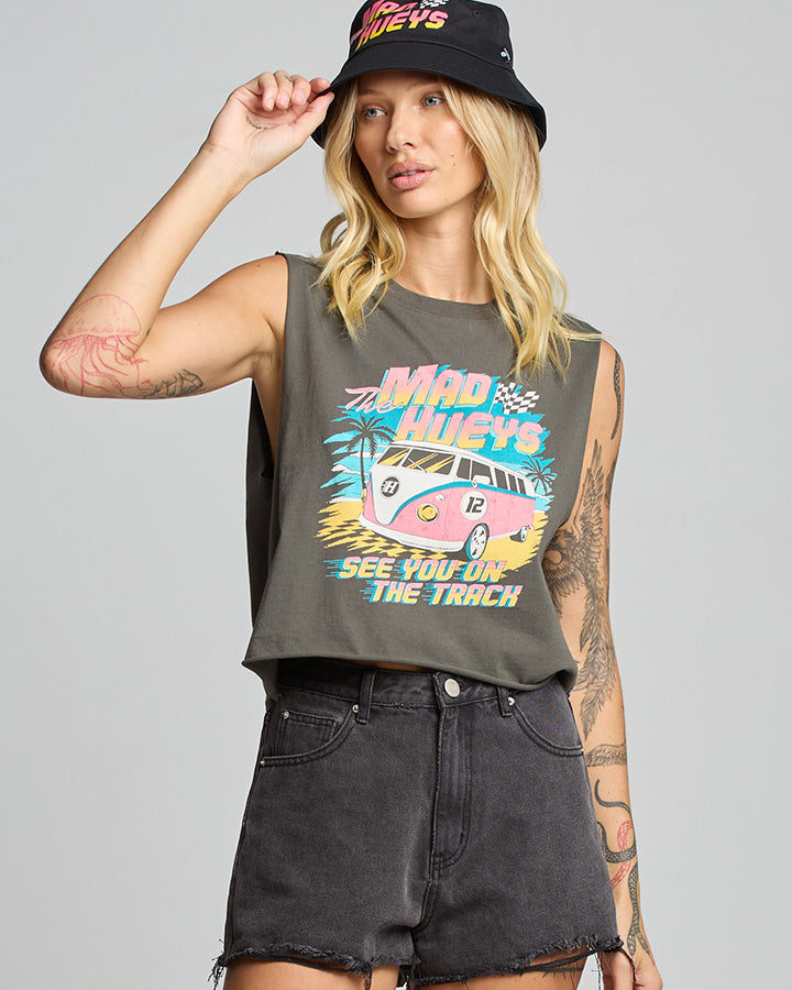 SEE YOU ON THE TRACK | WOMENS CROP MUSCLE - CHARCOAL