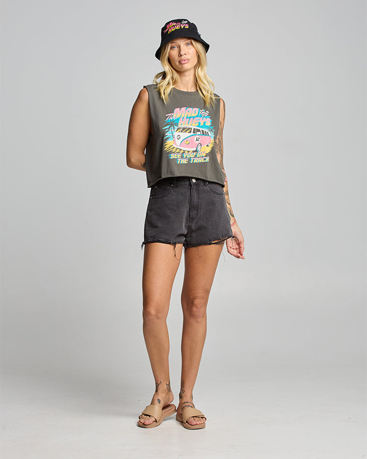 SEE YOU ON THE TRACK | WOMENS CROP MUSCLE - CHARCOAL