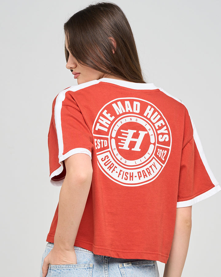 LIVING HUEYS | WOMENS BOXY V NECK TEE - RED CLAY