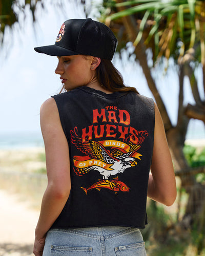 BIRDS OF PREY | WOMENS CROP MUSCLE - WASHED BLACK