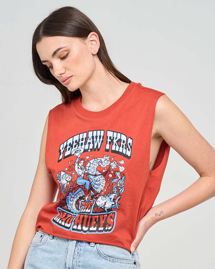 YEE HAW SEAHORSE | WOMENS CROP MUSCLE - RED CLAY