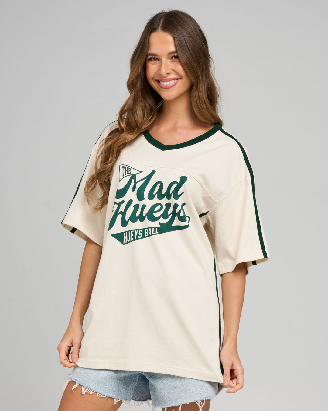 HUEYS BALL | WOMENS V NECK OVERSIZED TEE - STONE