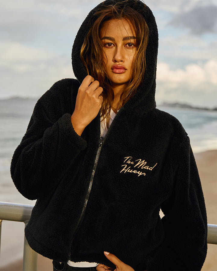 SEAHORSE HUEYS | WOMENS HOODED ZIP THROUGH - BLACK