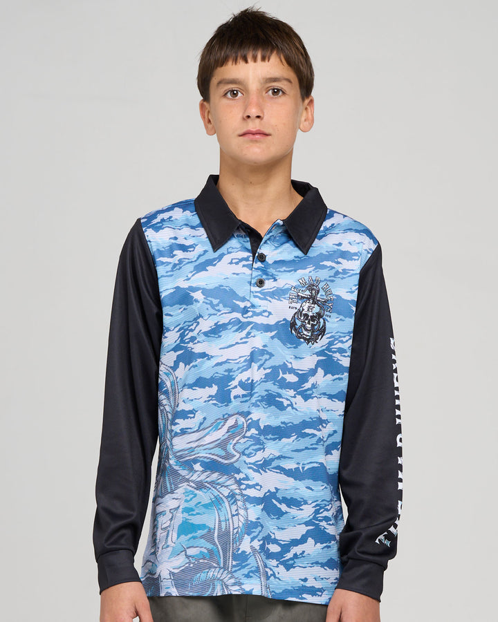 ROPE SKULL ANCHOR | YOUTH UPF 50+ FISHING JERSEY - STEEL BLUE