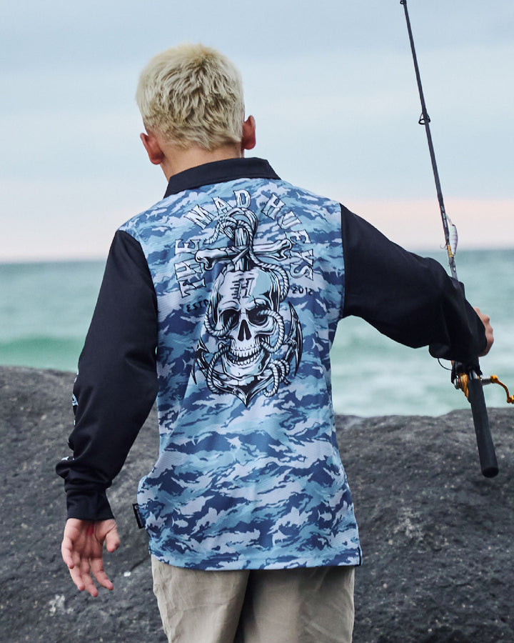 ROPE SKULL ANCHOR | YOUTH UPF 50+ FISHING JERSEY - STEEL BLUE