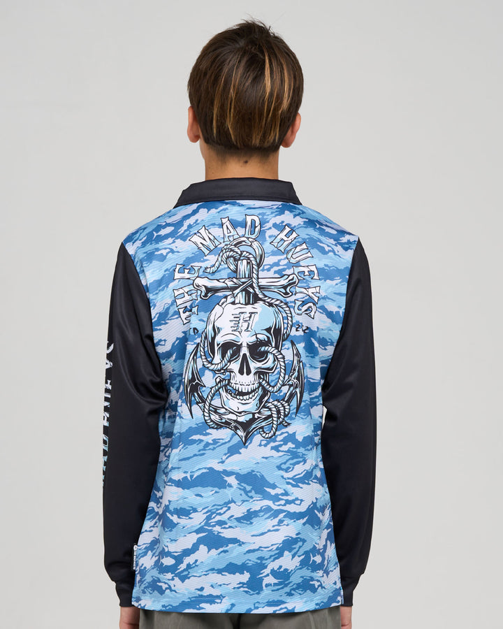 ROPE SKULL ANCHOR | YOUTH UPF 50+ FISHING JERSEY - STEEL BLUE
