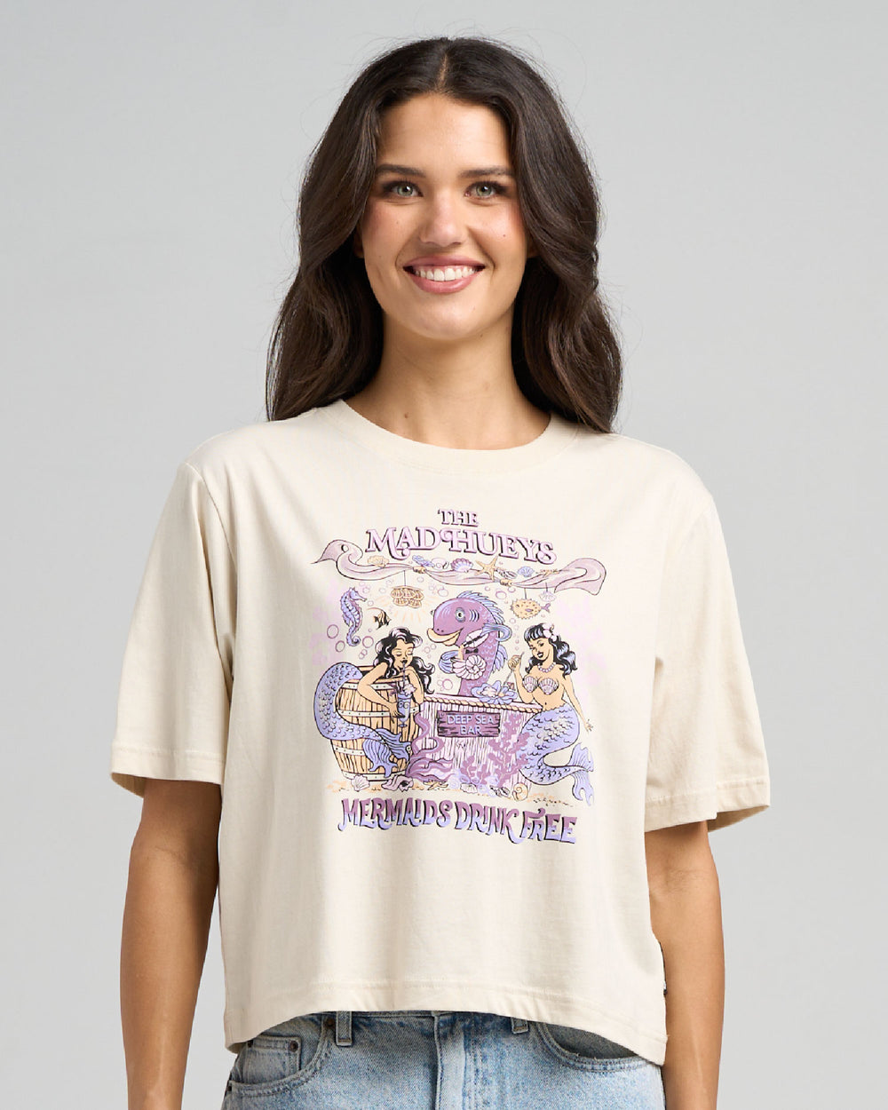 The Mad Hueys Mermaids Drink Free women's stone boxy T-shirt