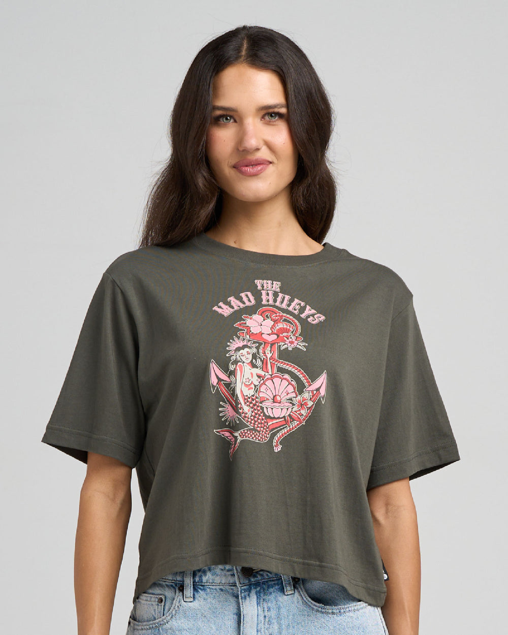 The Mad Hueys Mermaid Anchor women's charcoal boxy T-shirt