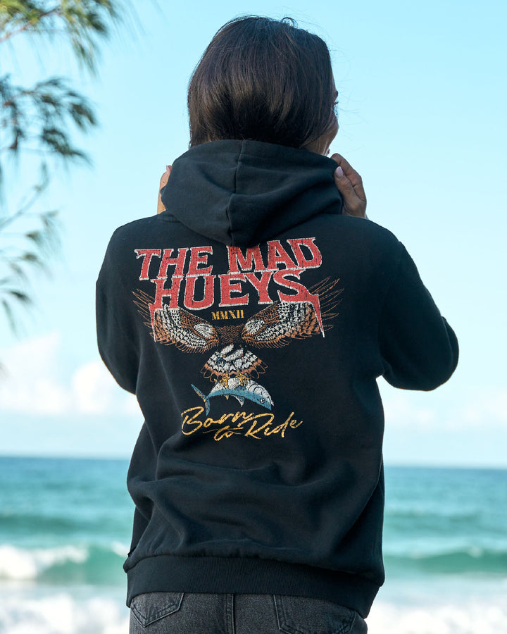 BORN TO HUEYS | WOMENS HOODED PULLOVER - BLACK