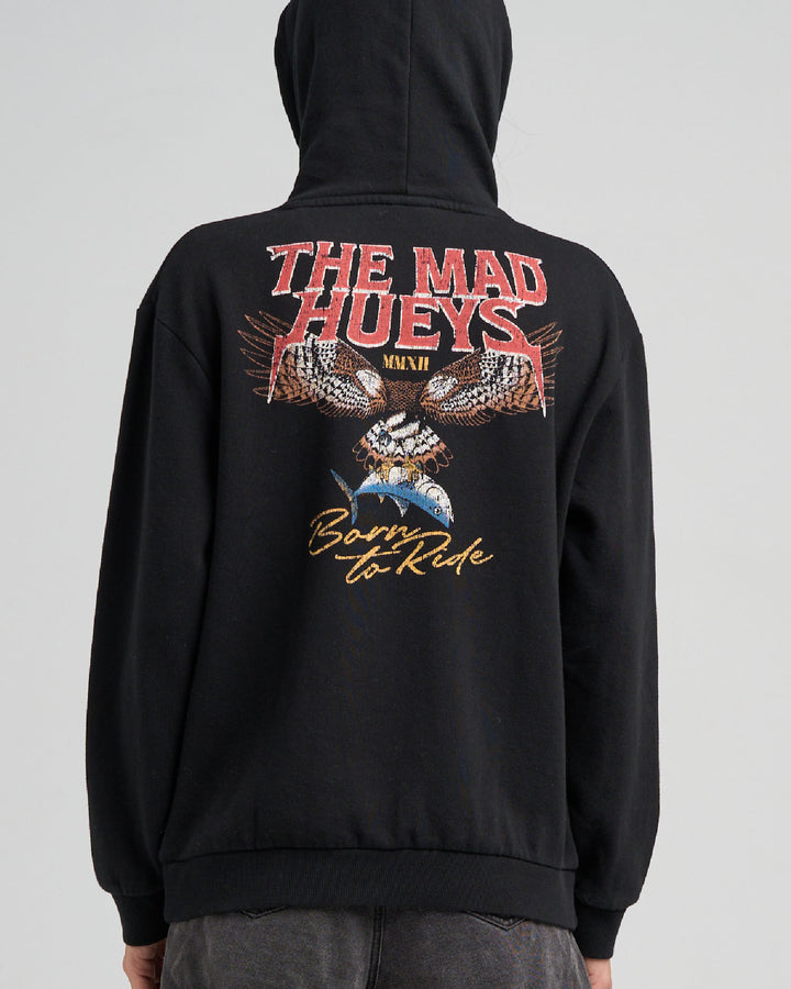 BORN TO HUEYS | WOMENS HOODED PULLOVER - BLACK