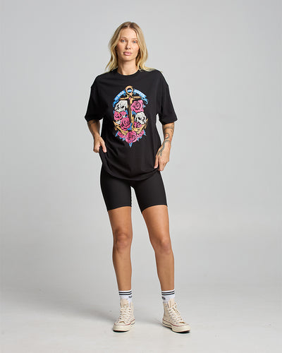 SKULLS AND ROSES | WOMENS OVERSIZED SS TEE - BLACK