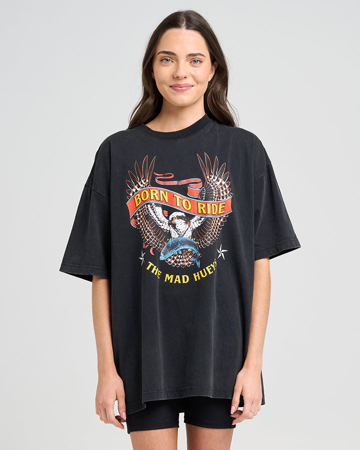 BORN TO RIDE | WOMENS OVERSIZED SS TEE - WASHED BLACK