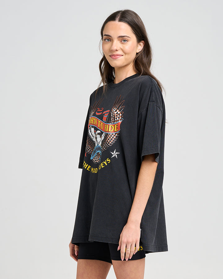 BORN TO RIDE | WOMENS OVERSIZED SS TEE - WASHED BLACK