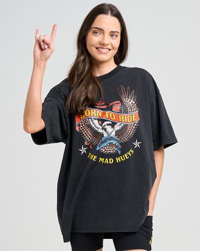 BORN TO RIDE | WOMENS OVERSIZED SS TEE - WASHED BLACK
