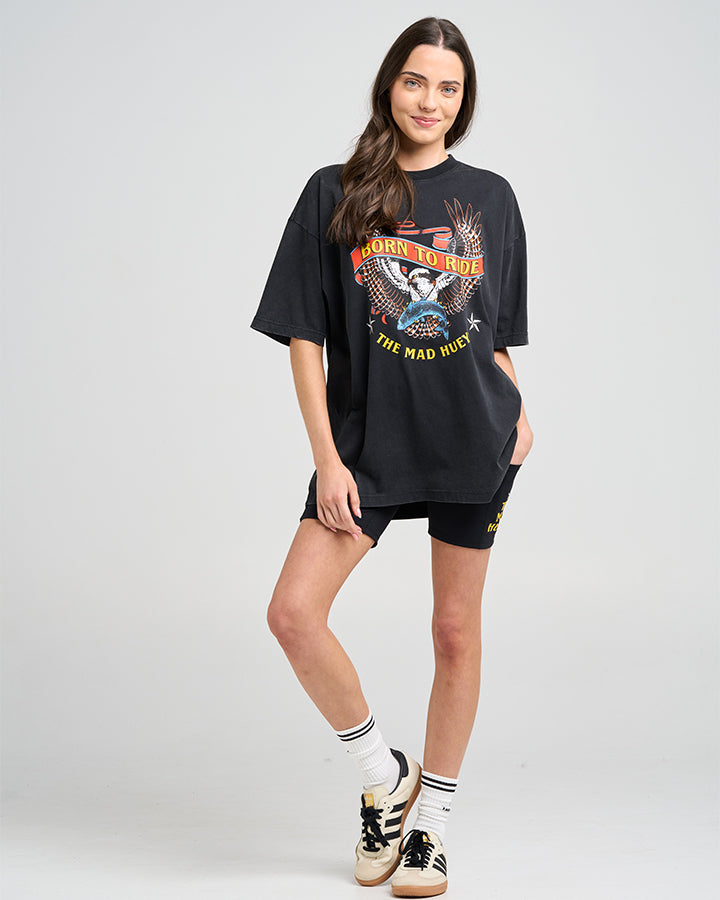BORN TO RIDE | WOMENS OVERSIZED SS TEE - WASHED BLACK