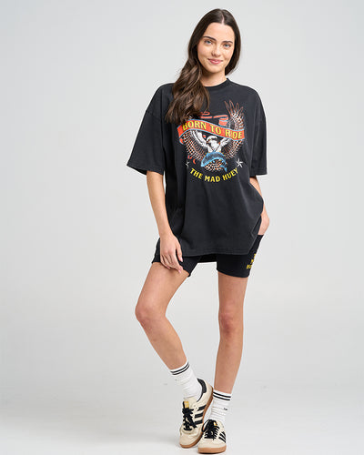 BORN TO RIDE | WOMENS OVERSIZED SS TEE - WASHED BLACK