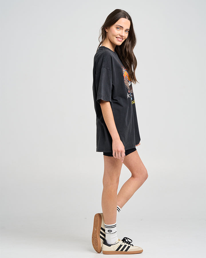 BORN TO RIDE | WOMENS OVERSIZED SS TEE - WASHED BLACK