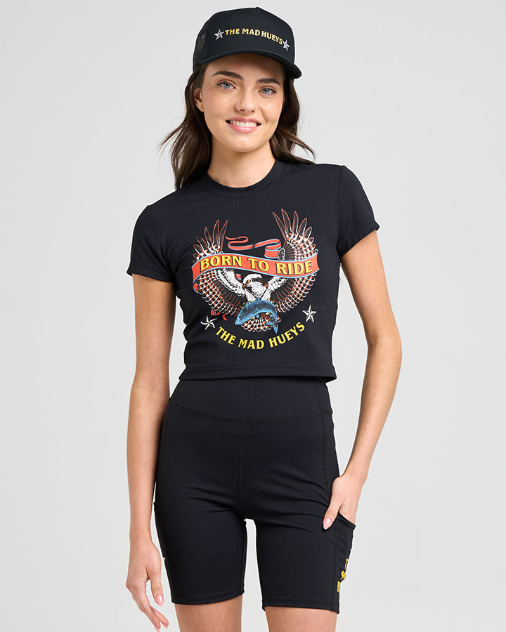 BORN TO RIDE | WOMENS ACTIVE BABY TEE - BLACK