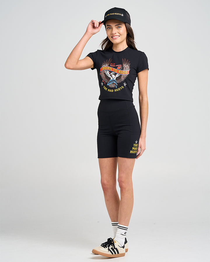 BORN TO RIDE | WOMENS ACTIVE BABY TEE - BLACK