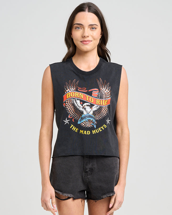 BORN TO RIDE | WOMENS CROP MUSCLE - WASHED BLACK