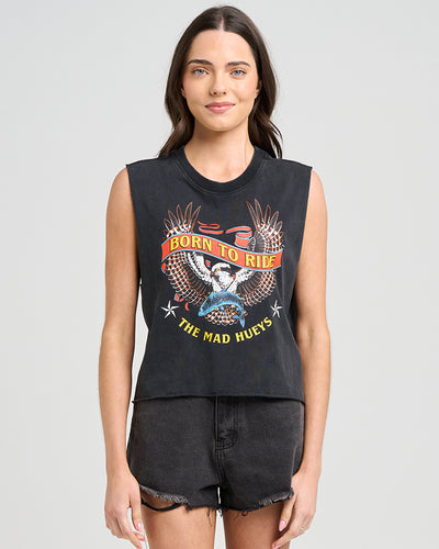 BORN TO RIDE | WOMENS CROP MUSCLE - WASHED BLACK