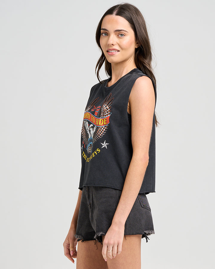 BORN TO RIDE | WOMENS CROP MUSCLE - WASHED BLACK