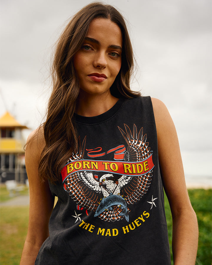 BORN TO RIDE | WOMENS CROP MUSCLE - WASHED BLACK