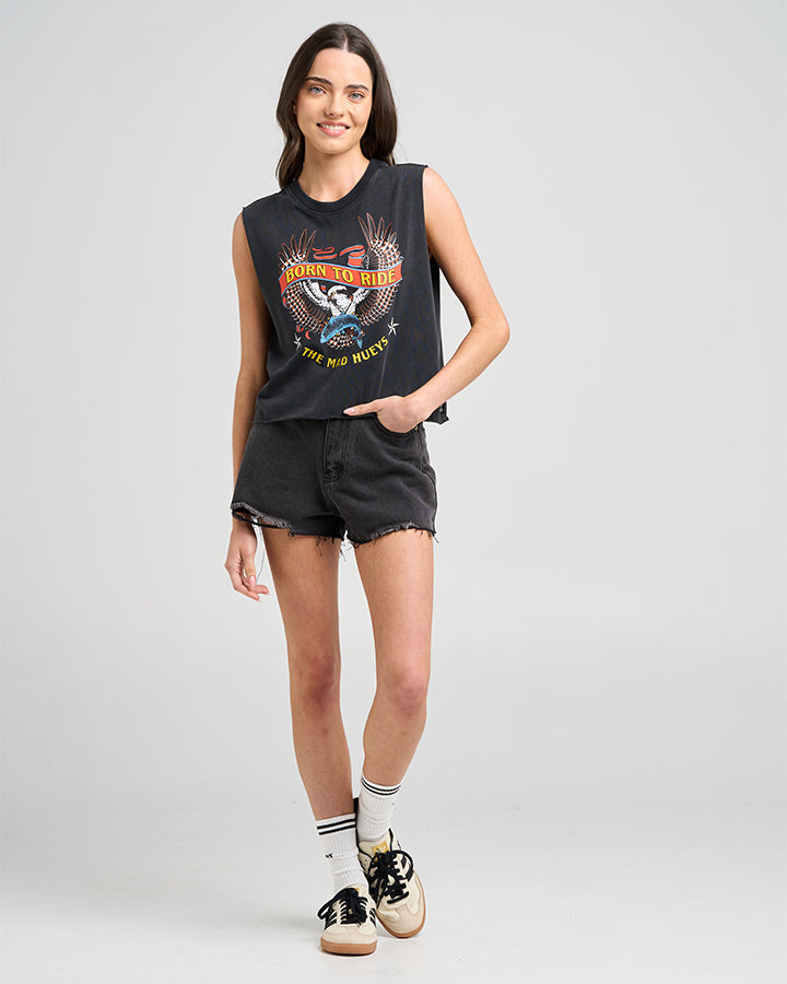 BORN TO RIDE | WOMENS CROP MUSCLE - WASHED BLACK