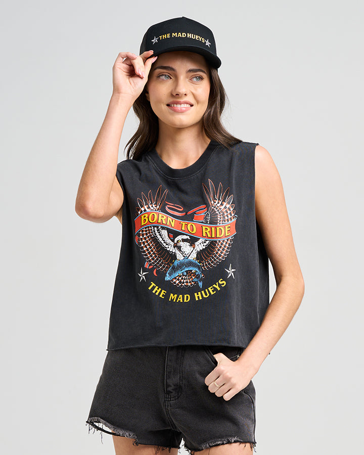 BORN TO RIDE | WOMENS CROP MUSCLE - WASHED BLACK