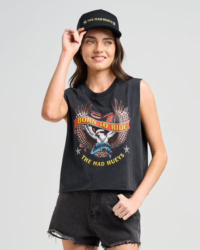 BORN TO RIDE | WOMENS CROP MUSCLE - WASHED BLACK