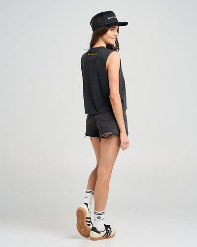 BORN TO RIDE | WOMENS CROP MUSCLE - WASHED BLACK