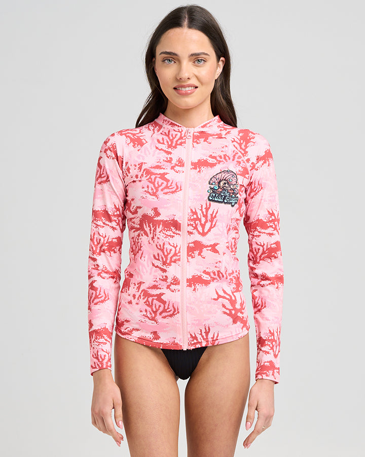TAIL UNTOLD | WOMENS LS ZIP THROUGH RASHIE - CORAL