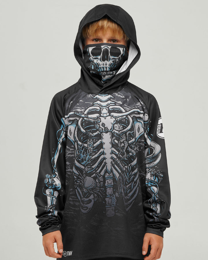 SKELETON HUEYS | YOUTH UPF 50+ HOODED MASKED FISHING JERSEY - BLACK