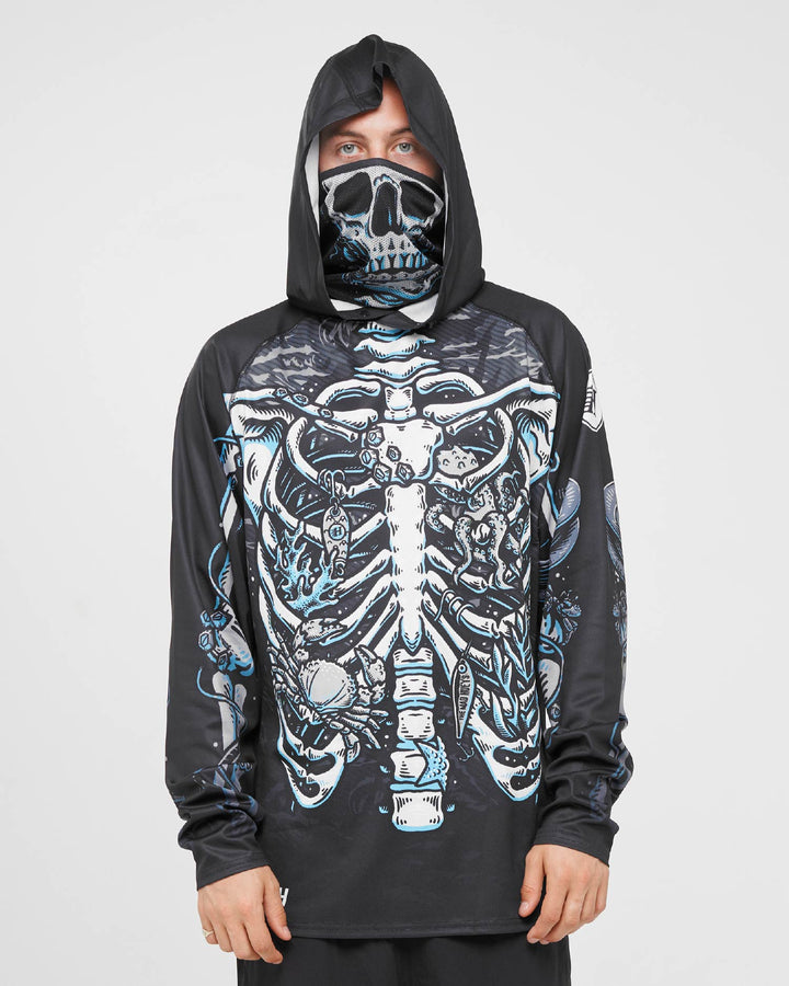 SKELETON HUEYS | UPF 50+ HOODED MASKED FISHING JERSEY - BLACK