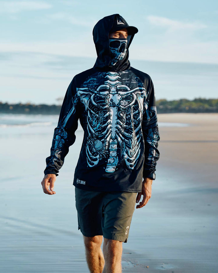 SKELETON HUEYS | UPF 50+ HOODED MASKED FISHING JERSEY - BLACK