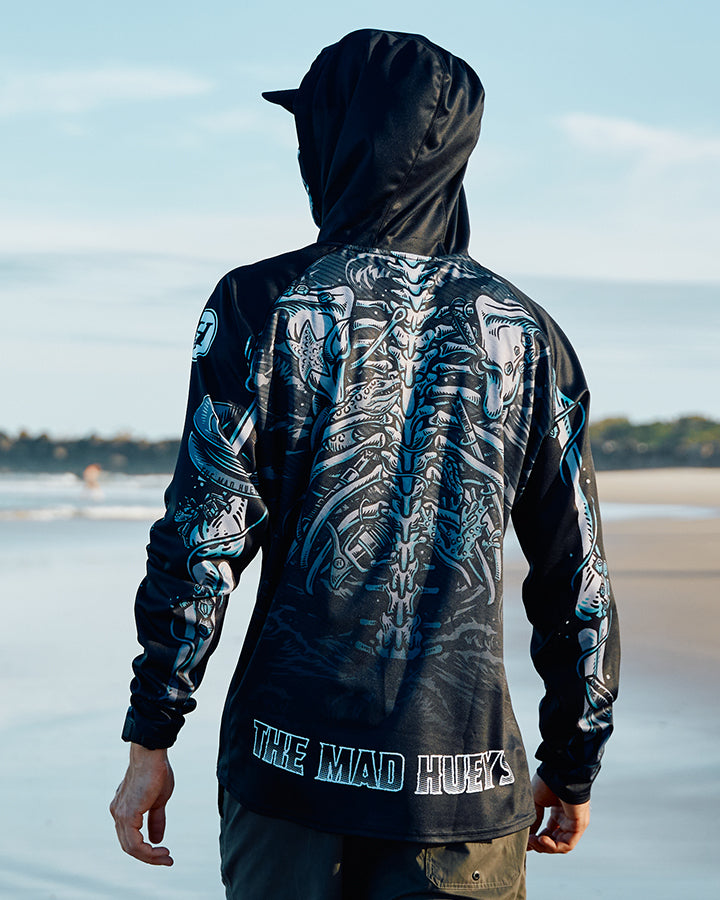 SKELETON HUEYS | UPF 50+ HOODED MASKED FISHING JERSEY - BLACK