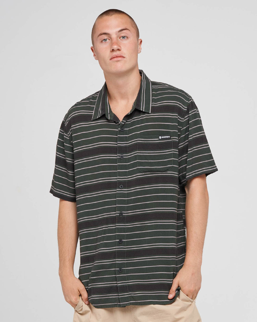 PARALLEL STRIPE HUEYS | SS WOVEN SHIRT - PINE GREEN