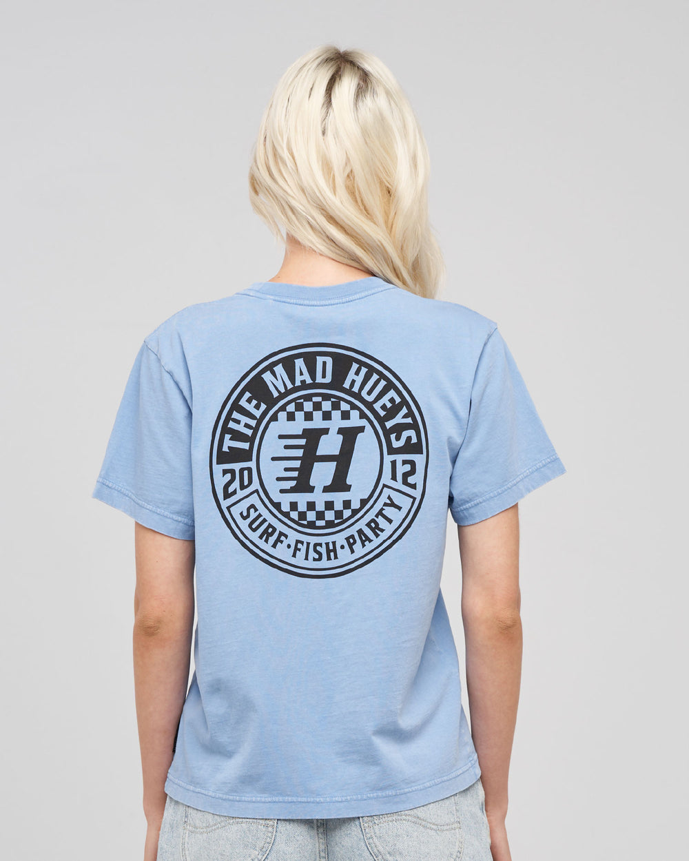 The Mad Hueys Checker Hueys women's SS T-shirt in Cornflower Blue Washed