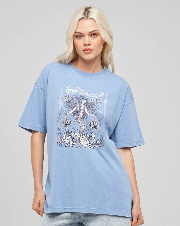 SIREN ANGEL | WOMENS OVERSIZED TEE - CORNFLOWER BLUE WASHED
