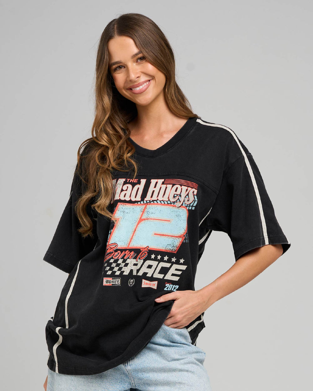 The Mad Hueys Born To Race women's V Neck Oversized T-shirt in Washed Black