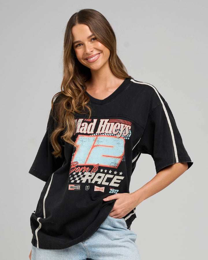 BORN TO RACE | WOMENS V NECK OVERSIZED TEE - WASHED BLACK