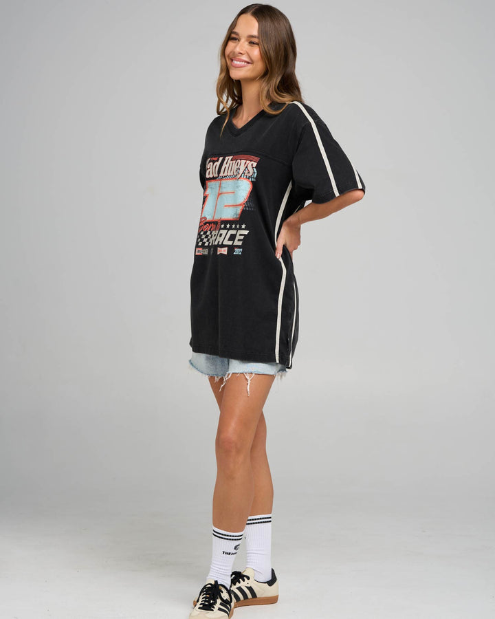 BORN TO RACE | WOMENS V NECK OVERSIZED TEE - WASHED BLACK