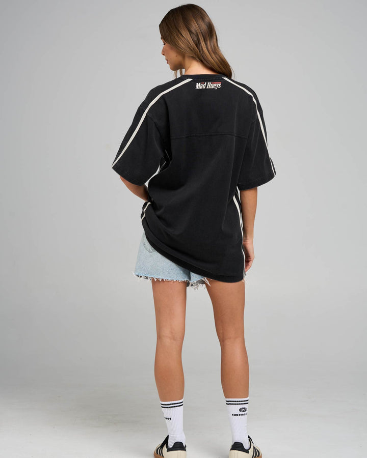 BORN TO RACE | WOMENS V NECK OVERSIZED TEE - WASHED BLACK