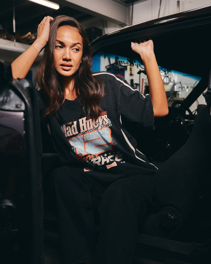 BORN TO RACE | WOMENS V NECK OVERSIZED TEE - WASHED BLACK