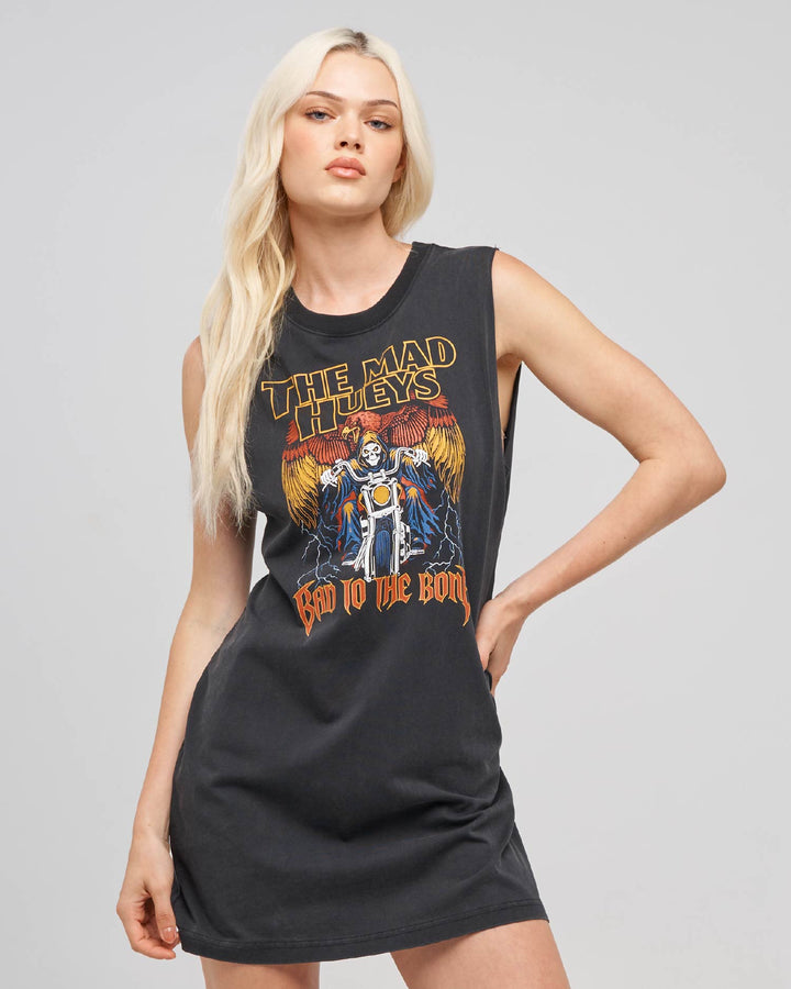 BAD TO THE BONE | WOMENS MUSCLE DRESS - WASHED BLACK