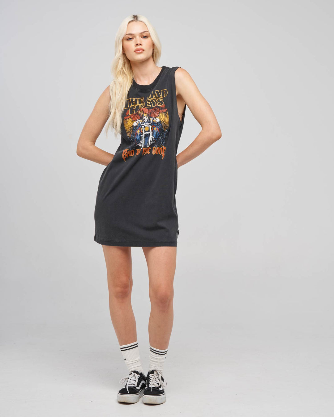 BAD TO THE BONE | WOMENS MUSCLE DRESS - WASHED BLACK