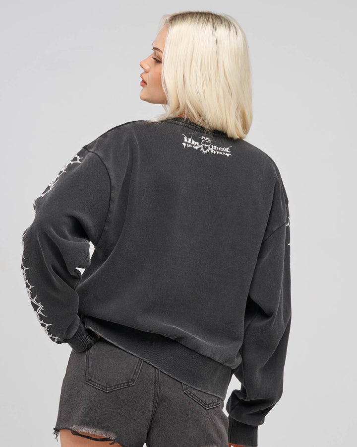 METAL HEART | WOMENS CREW PULLOVER - WASHED BLACK